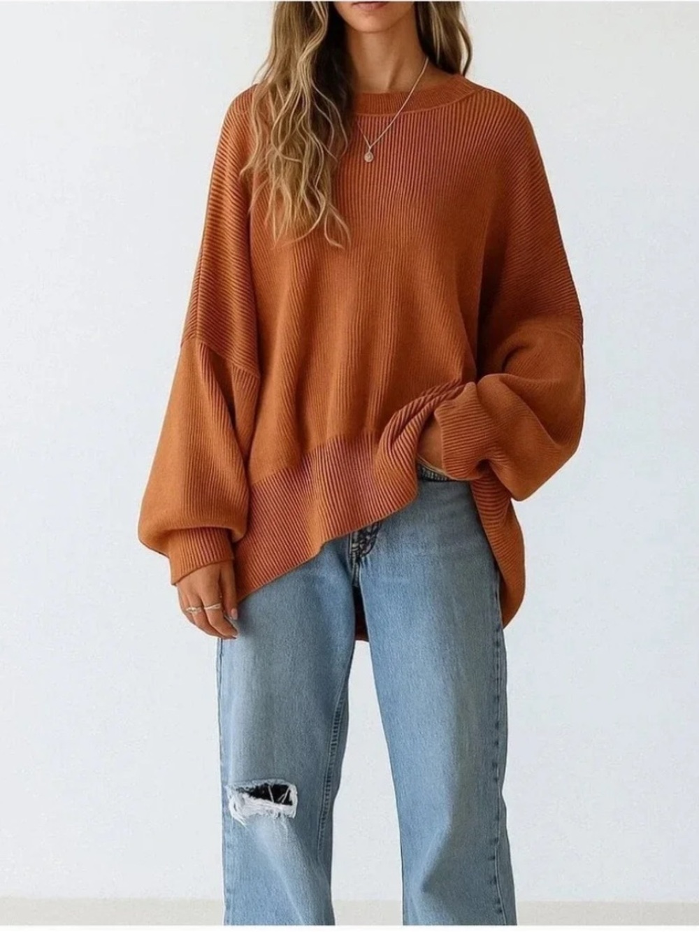 Free people orange brown easy street slouchy oversized sweater womens L